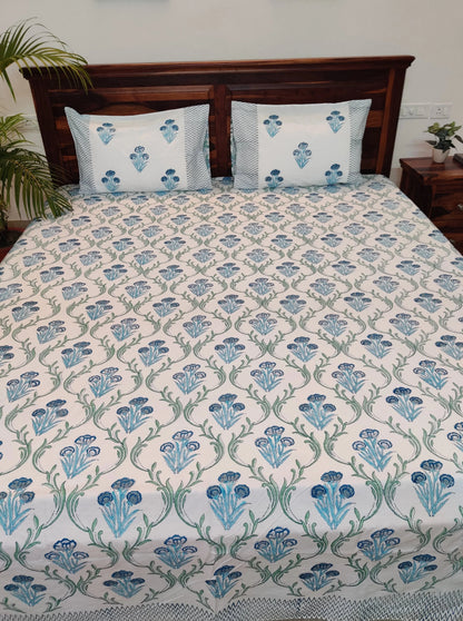 Premium Hand Block Printed Sea Blue & Green Jaal Floral COTTON Bedsheet with Reversible 2 Pillow Covers