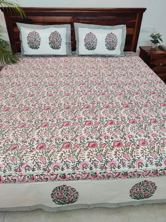 Premium Hand Block Printed Green and Rani Small Floral COTTON Bedsheets with 2 Reversible Pillow Covers