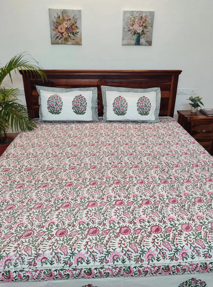 Premium Hand Block Printed Green and Rani Small Floral COTTON Bedsheets with 2 Reversible Pillow Covers