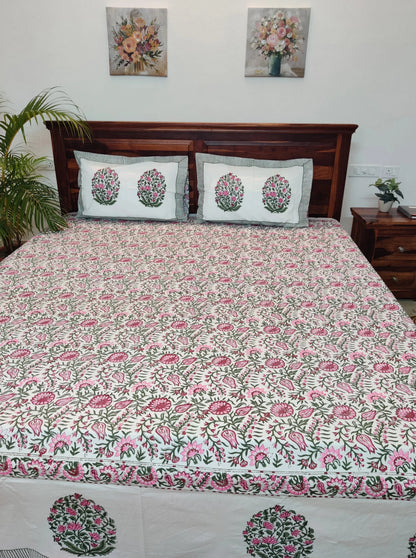 Premium Hand Block Printed Green and Rani Small Floral COTTON Bedsheets with 2 Reversible Pillow Covers