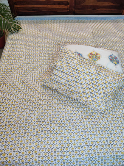 Premium Hand Block Printed Grey & Yellow Small Floral COTTON Bedsheet with Reversible 2 Pillow Covers