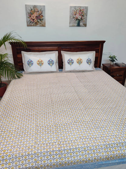 Premium Hand Block Printed Grey & Yellow Small Floral COTTON Bedsheet with Reversible 2 Pillow Covers