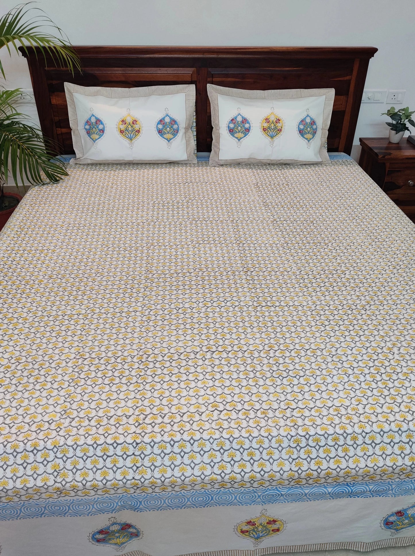 Premium Hand Block Printed Grey & Yellow Small Floral COTTON Bedsheet with Reversible 2 Pillow Covers