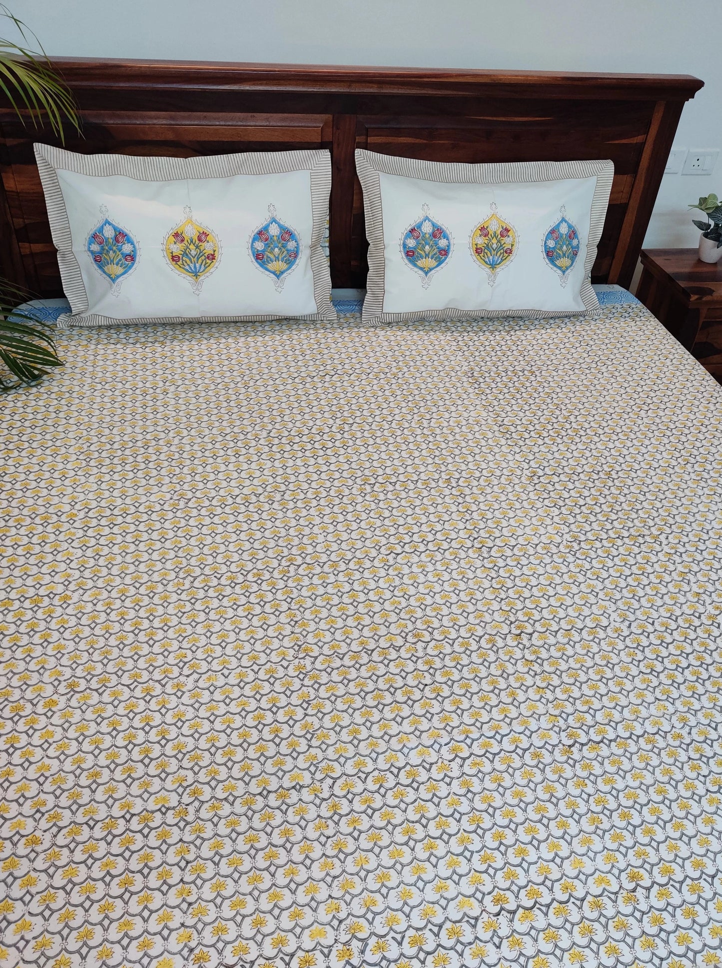 Premium Hand Block Printed Grey & Yellow Small Floral COTTON Bedsheet with Reversible 2 Pillow Covers