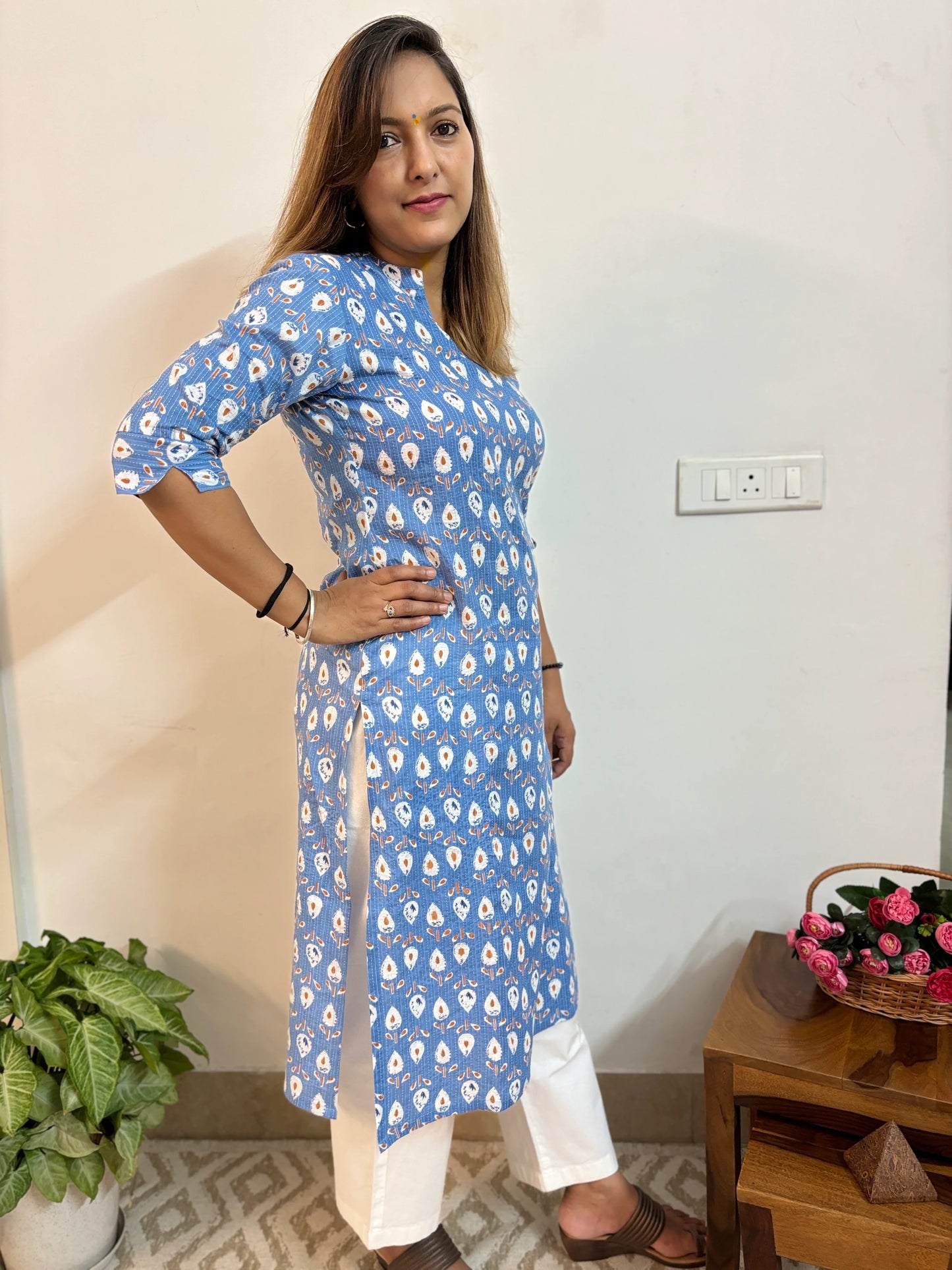 Baby Blue Kantha Collar Kurta