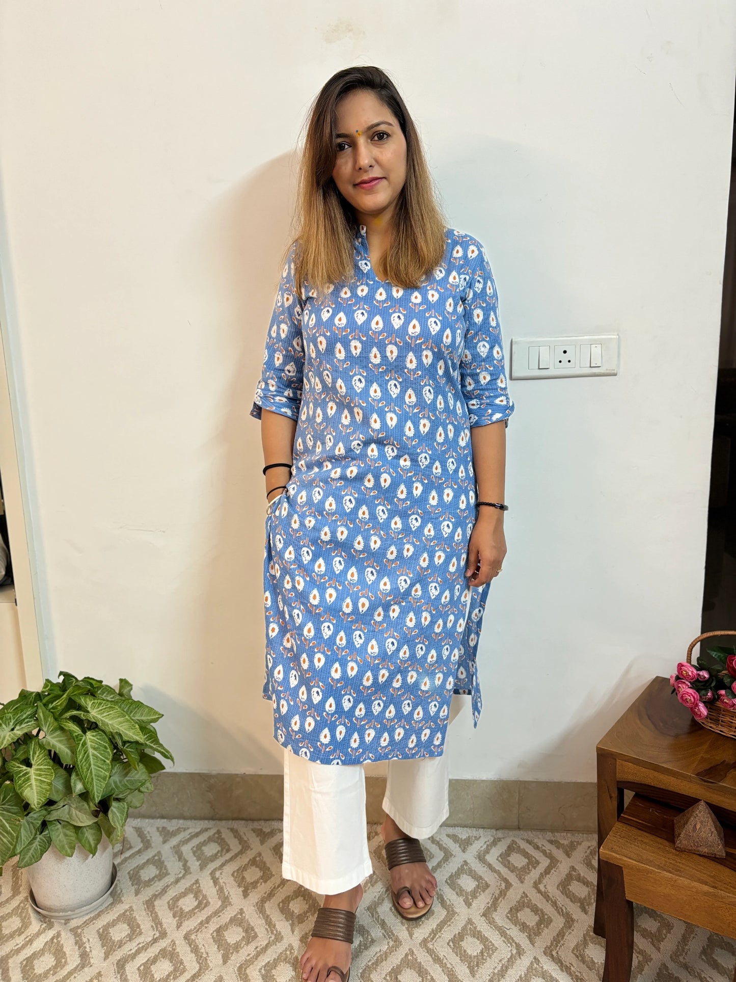 Baby Blue Kantha Collar Kurta