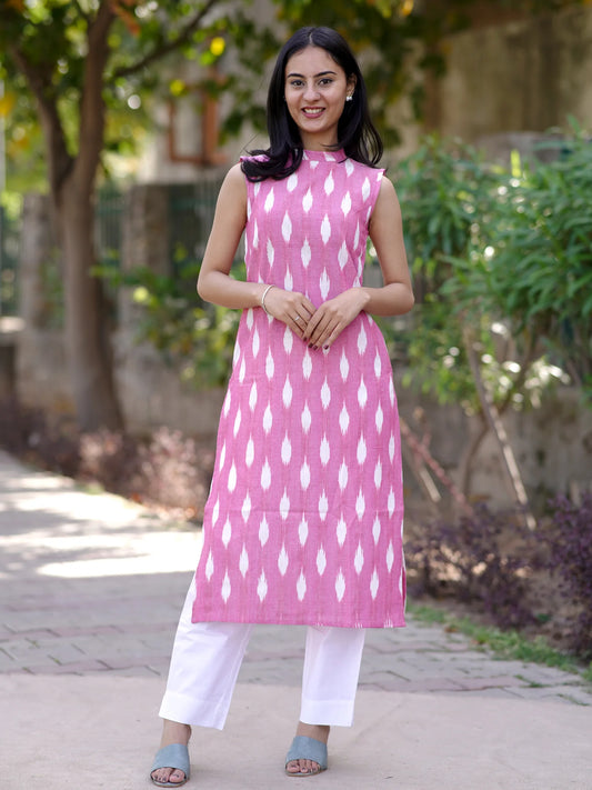 Baby Pink IKKAT Handloom Sleeveless Cotton Kurta
