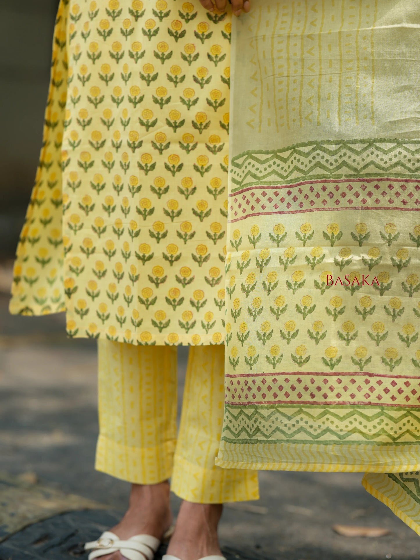 Banana Yellow Floral Block Printed Suit Set (3 pcs.)