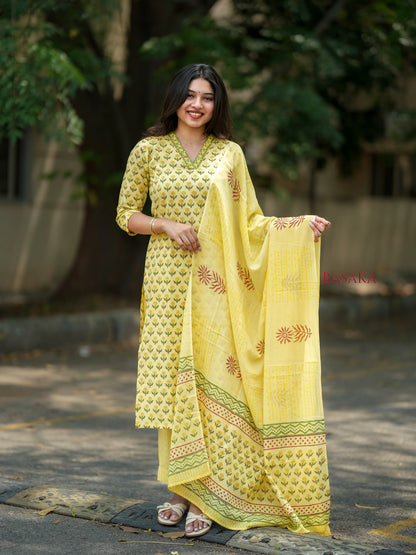 Banana Yellow Floral Block Printed Suit Set (3 pcs.)