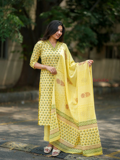 Banana Yellow Floral Block Printed Suit Set (3 pcs.)