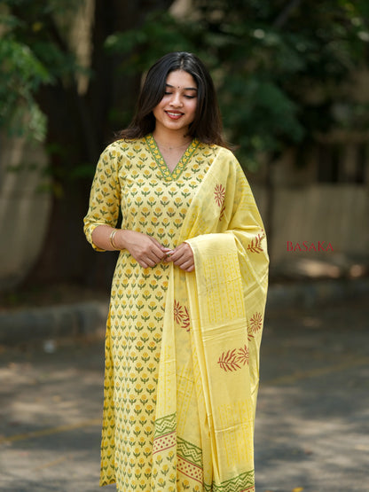Banana Yellow Floral Block Printed Suit Set (3 pcs.)