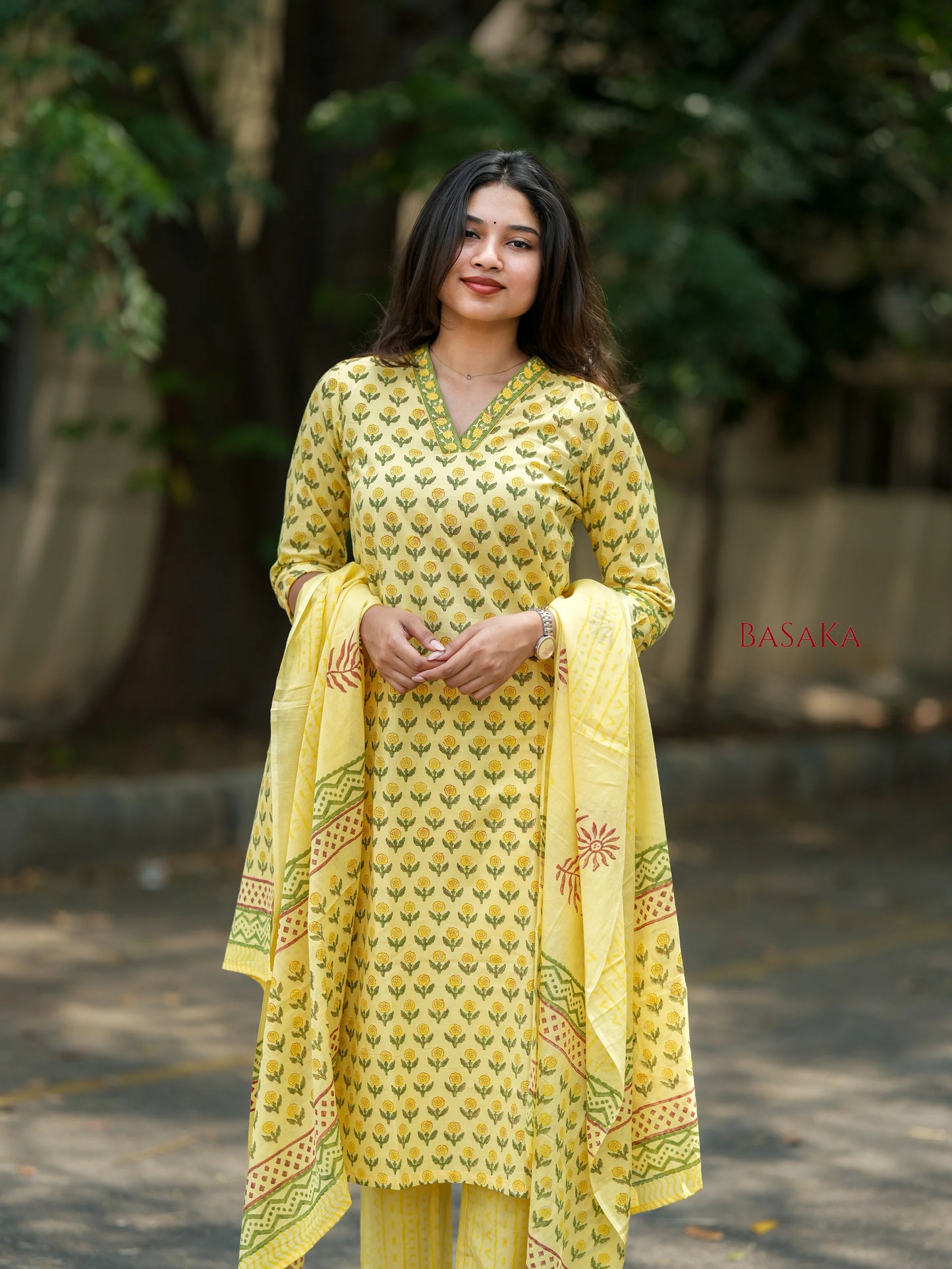 Banana Yellow Floral Block Printed Suit Set (3 pcs.)