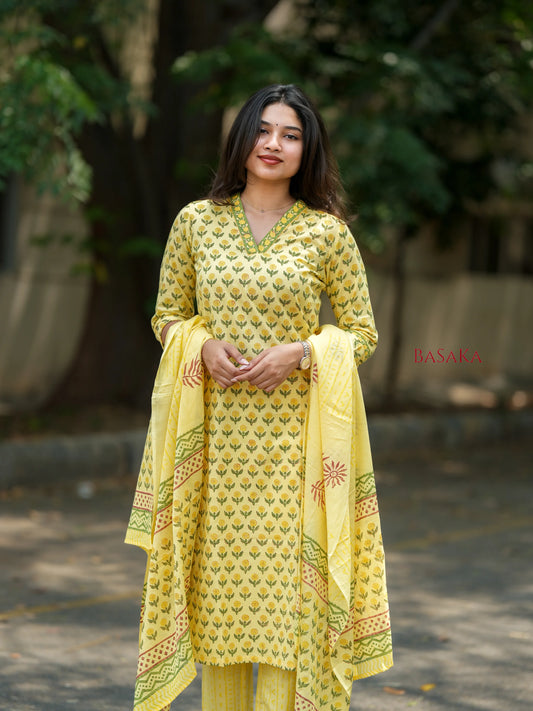 Banana Yellow Floral Block Printed Suit Set (3 pcs.)