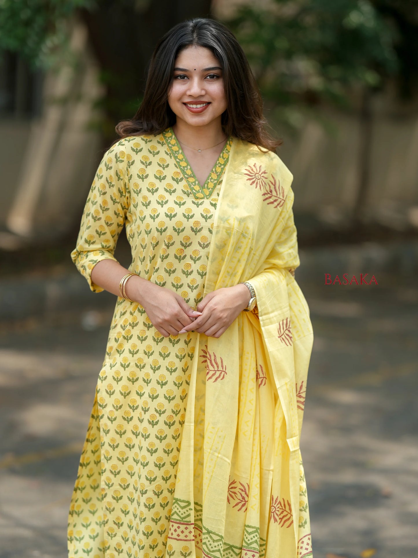 Banana Yellow Floral Block Printed Suit Set (3 pcs.)