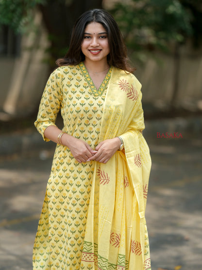 Banana Yellow Floral Block Printed Suit Set (3 pcs.)