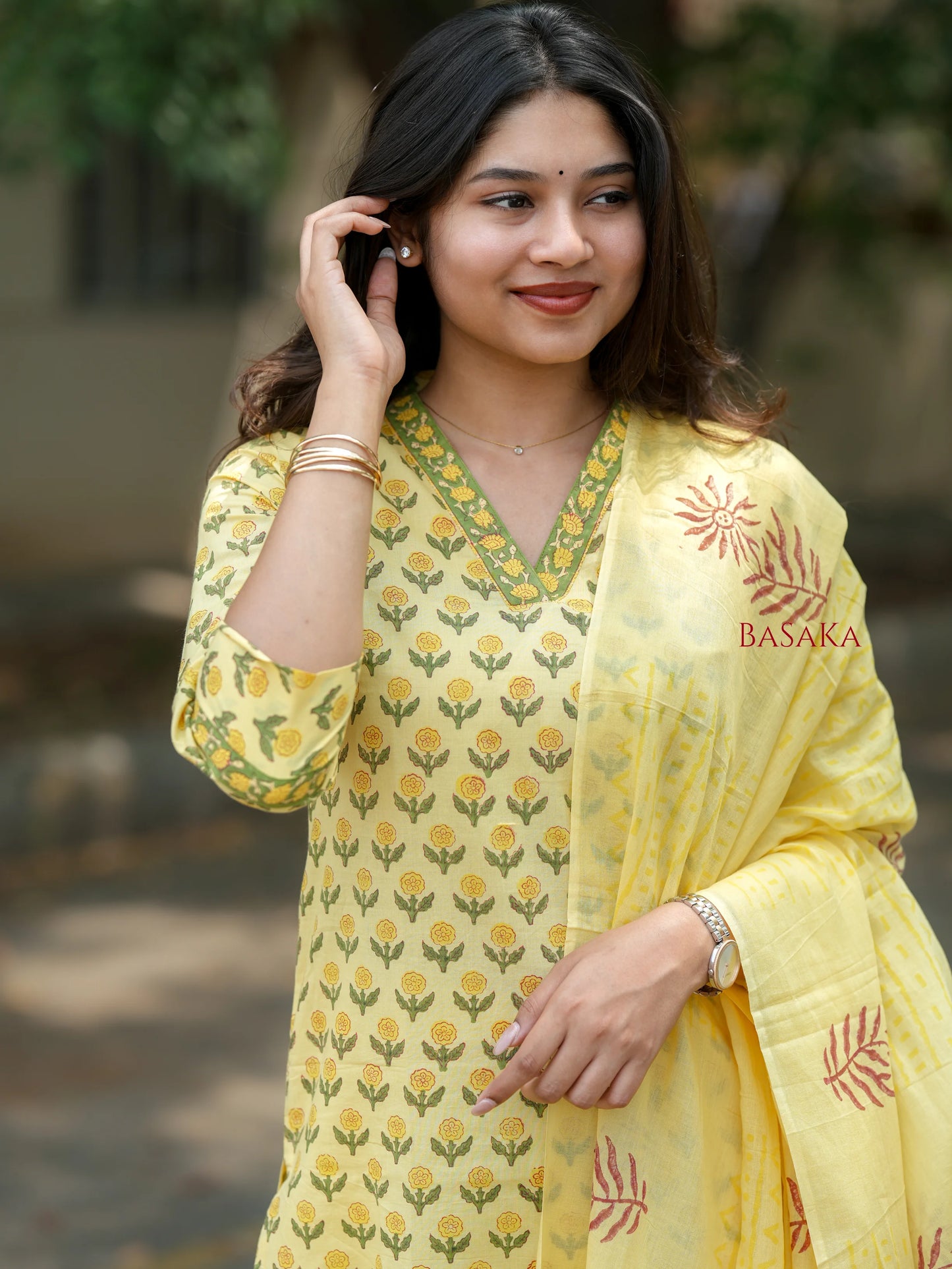 Banana Yellow Floral Block Printed Suit Set (3 pcs.)