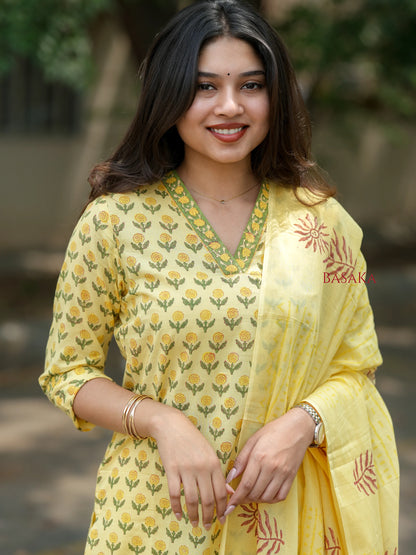 Banana Yellow Floral Block Printed Suit Set (3 pcs.)