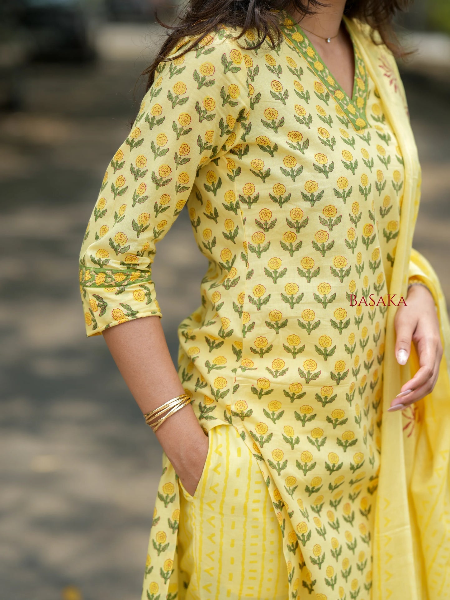 Banana Yellow Floral Block Printed Suit Set (3 pcs.)