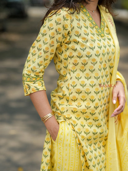 Banana Yellow Floral Block Printed Suit Set (3 pcs.)