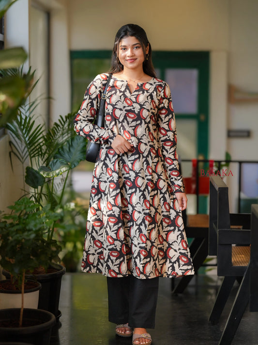 Black Floral Block Printed A-line COTTON Kurta