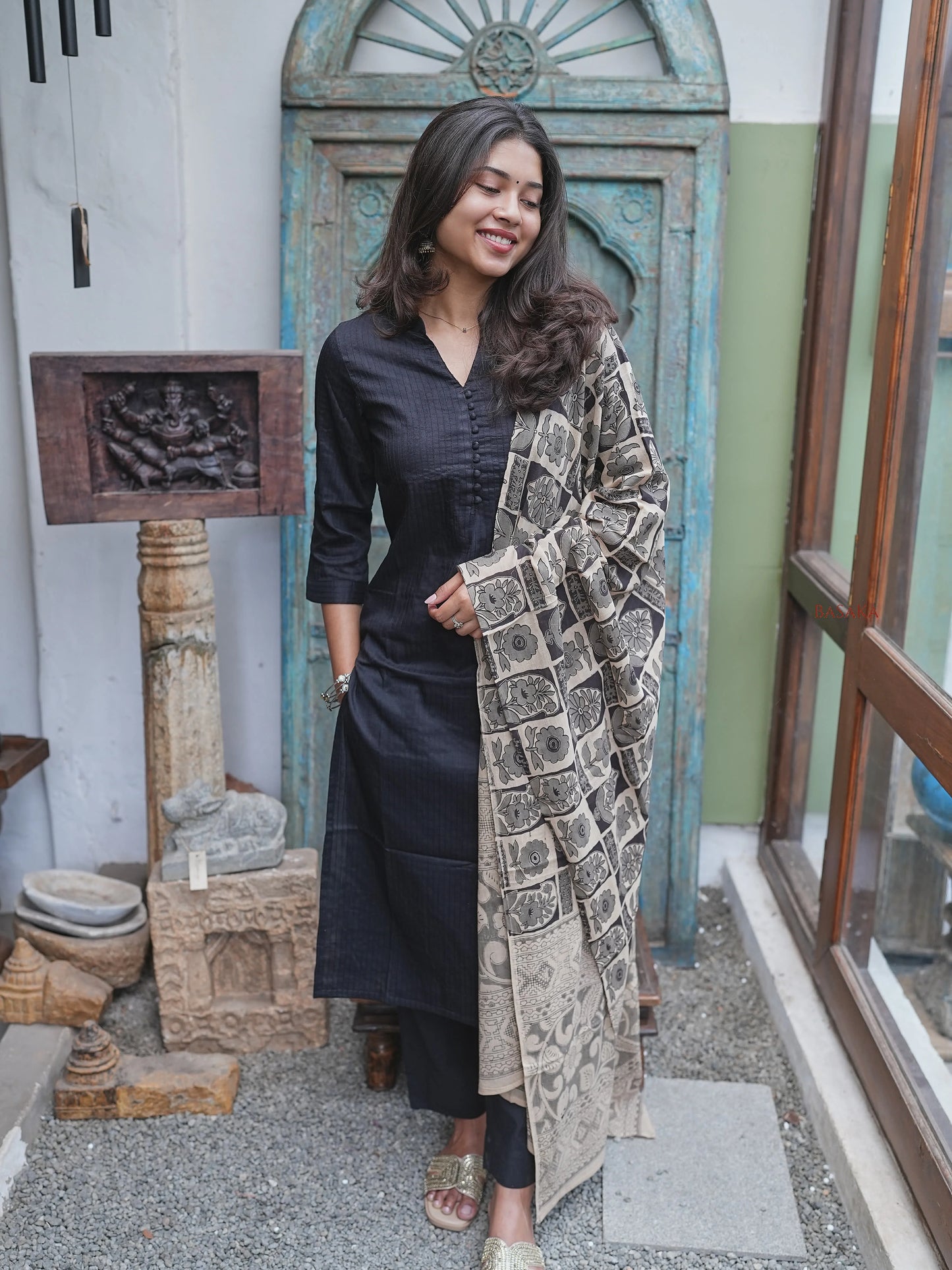 Black Kalamkari South Cotton Suit Set (3Pcs.)