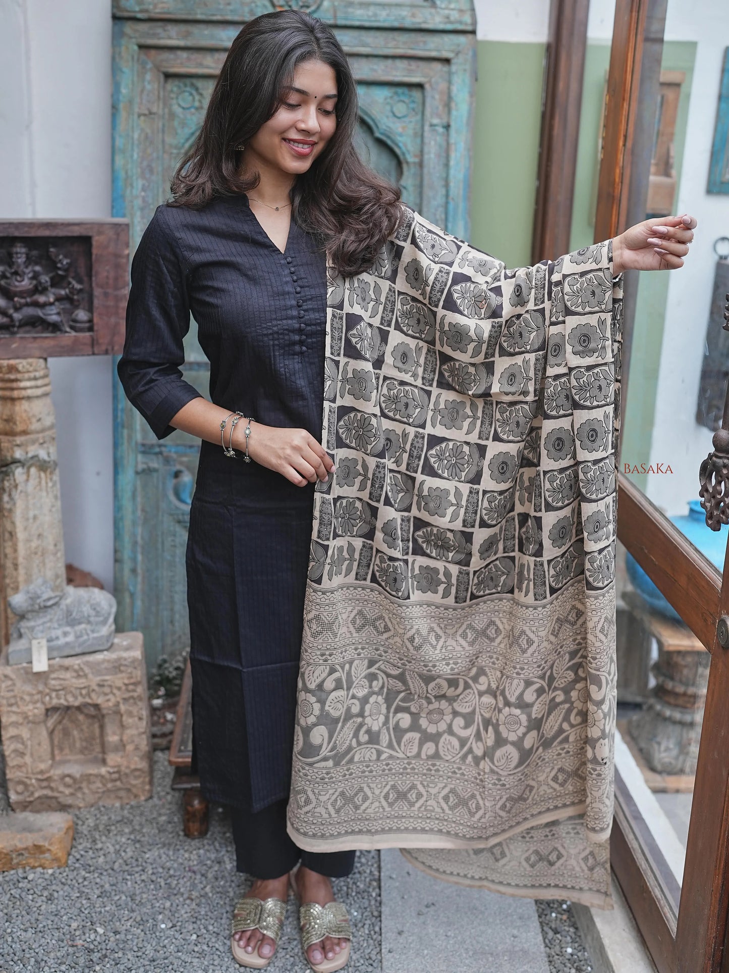 Black Kalamkari South Cotton Suit Set (3Pcs.)