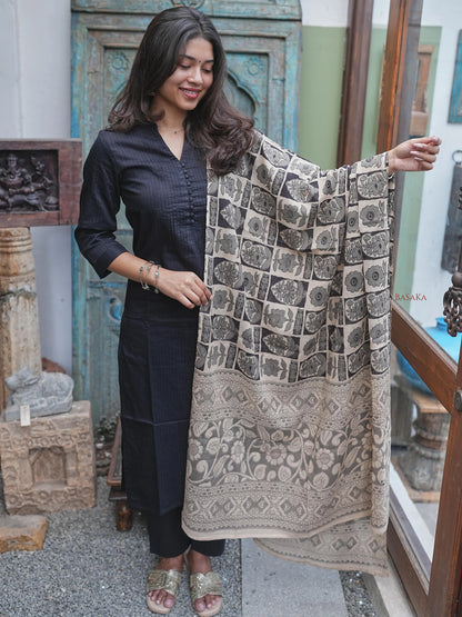 Black Kalamkari South Cotton Suit Set (3Pcs.)
