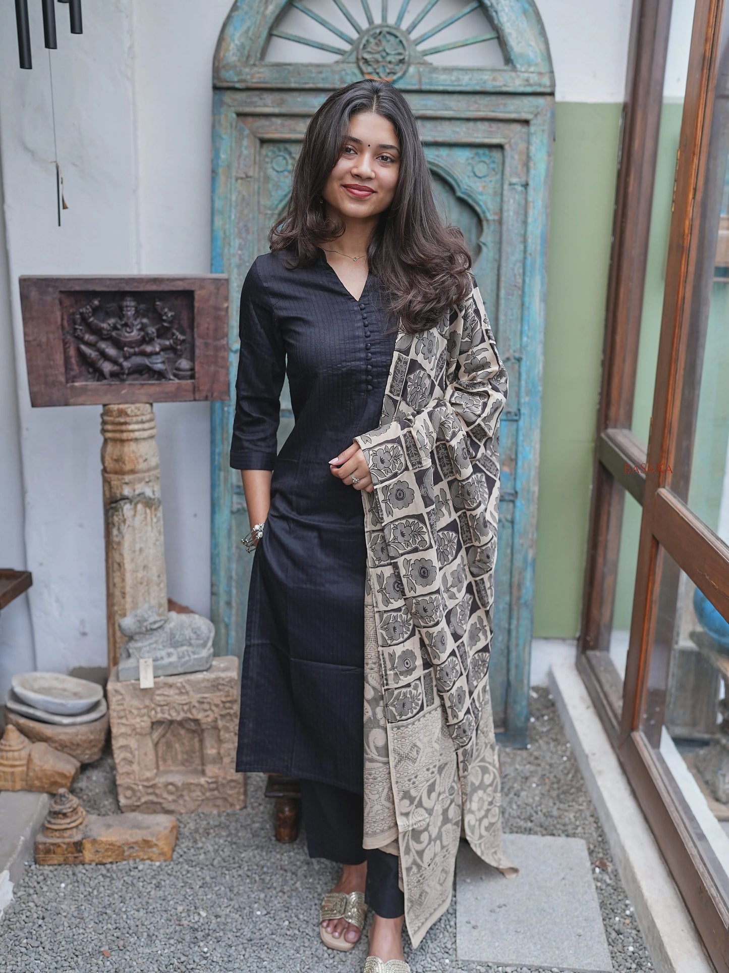 Black Kalamkari South Cotton Suit Set (3Pcs.)