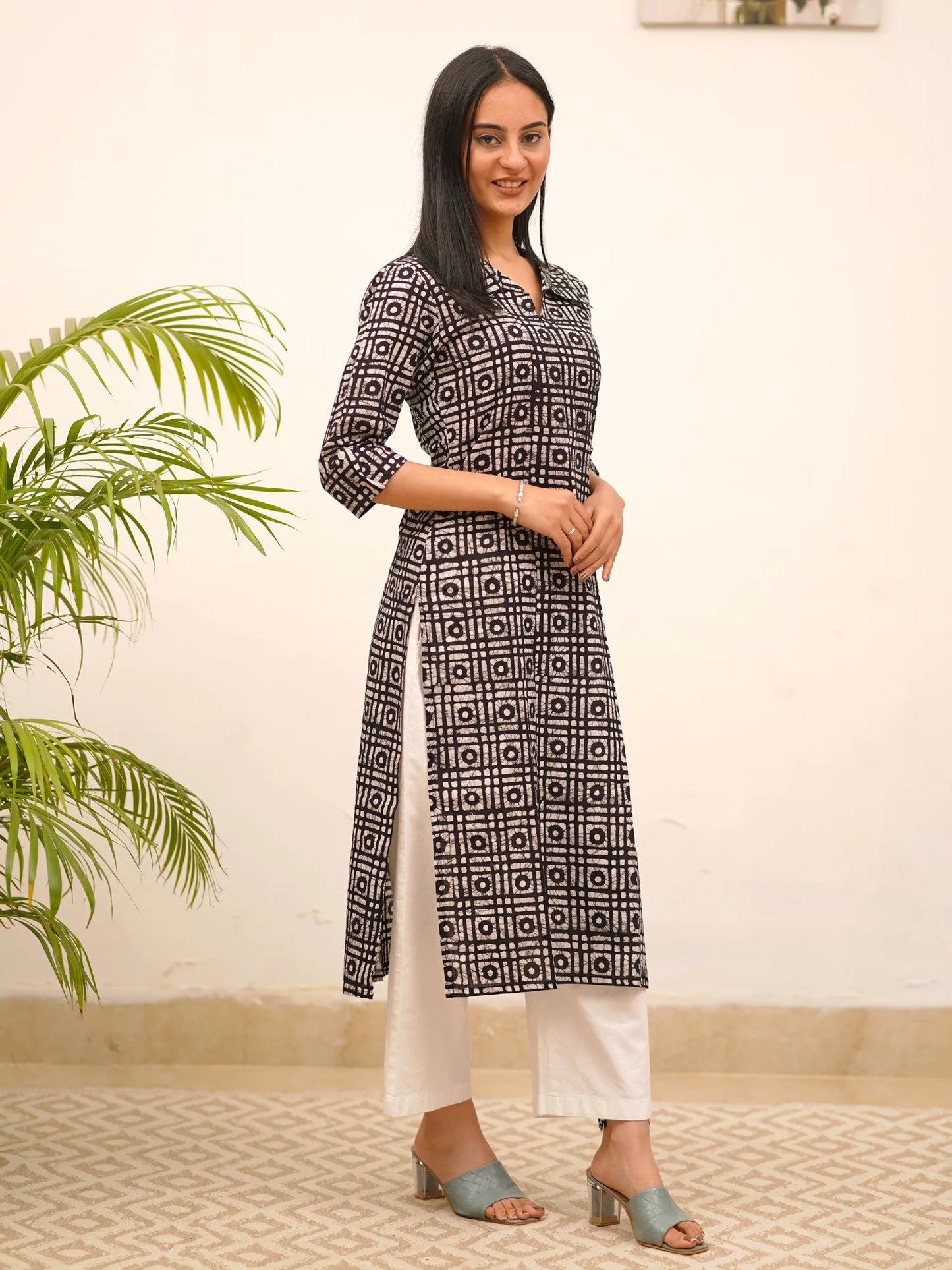 Black Multi Checked COTTON Shirt Collar Kurta