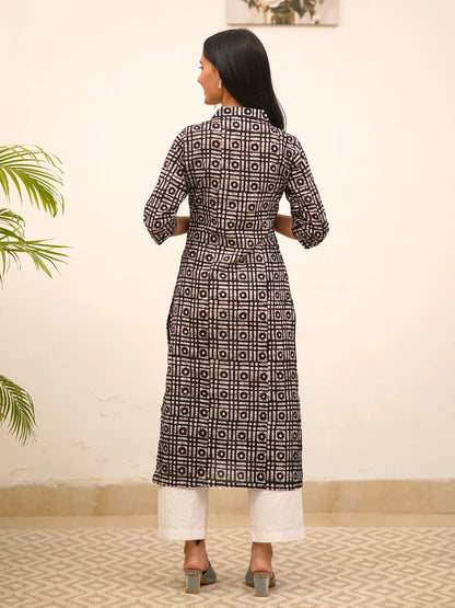 Black Multi Checked COTTON Shirt Collar Kurta