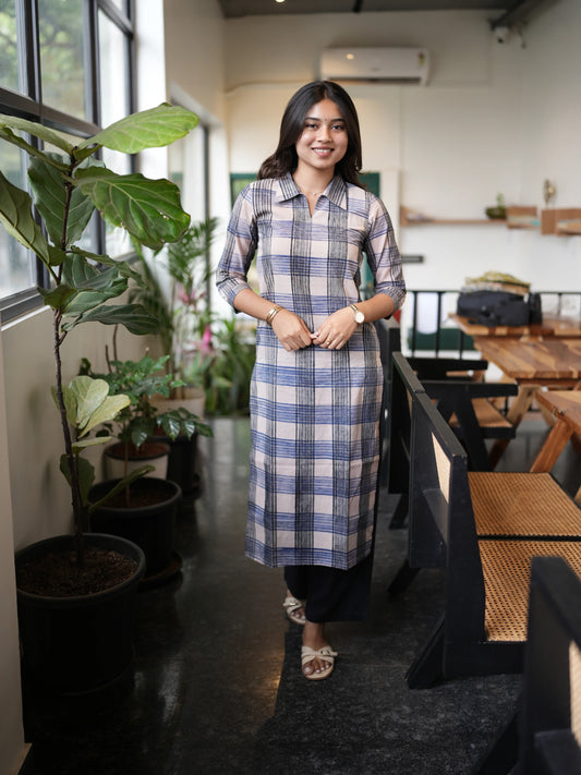 Black n Blue Checked Block Printed COTTON Kurta