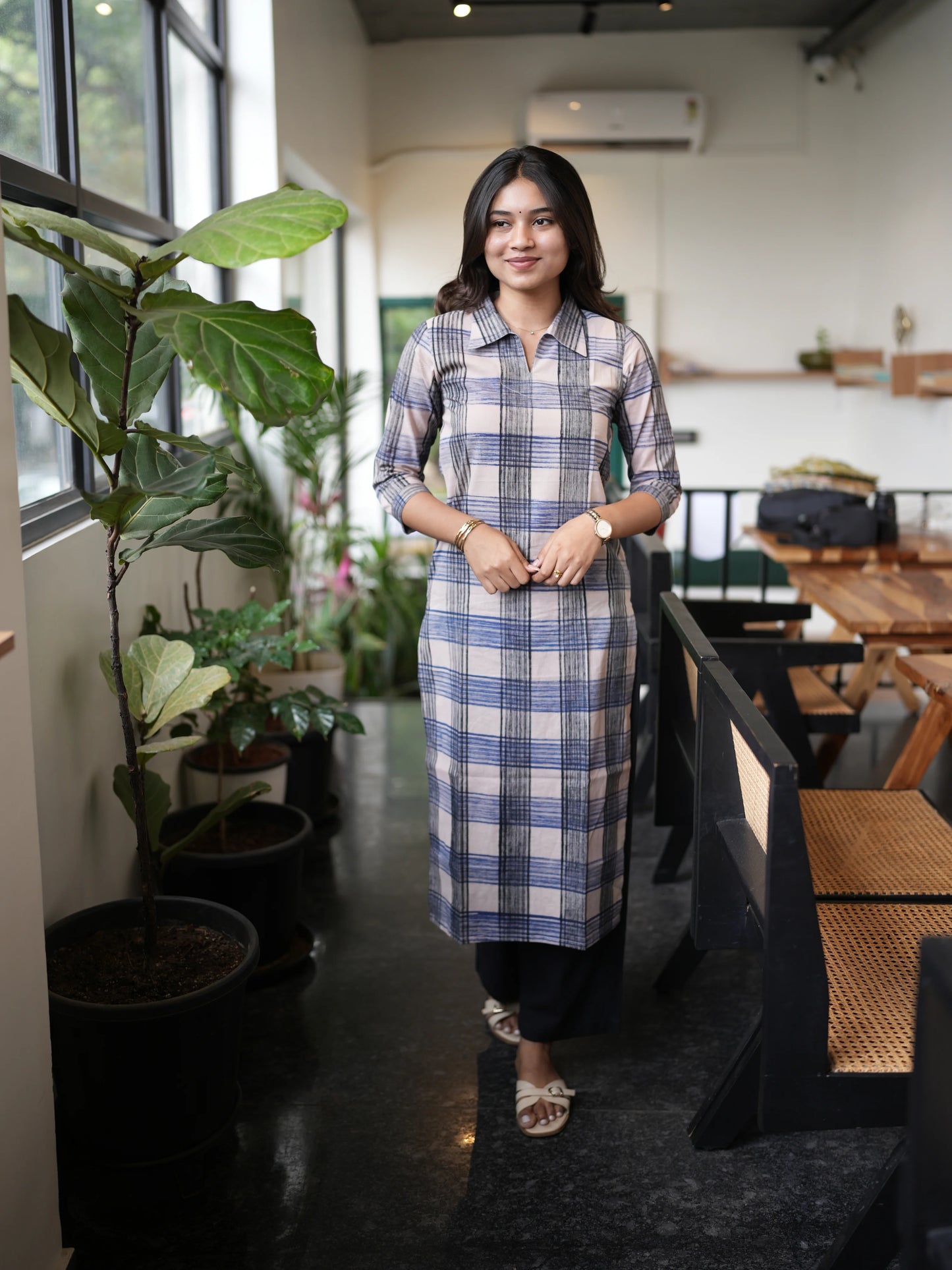 Black n Blue Checked Block Printed COTTON Kurta