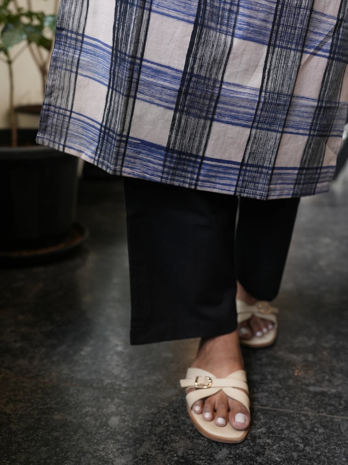 Black n Blue Checked Block Printed COTTON Kurta