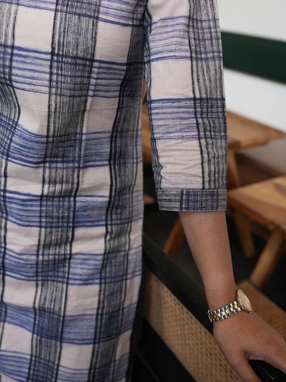 Black n Blue Checked Block Printed COTTON Kurta