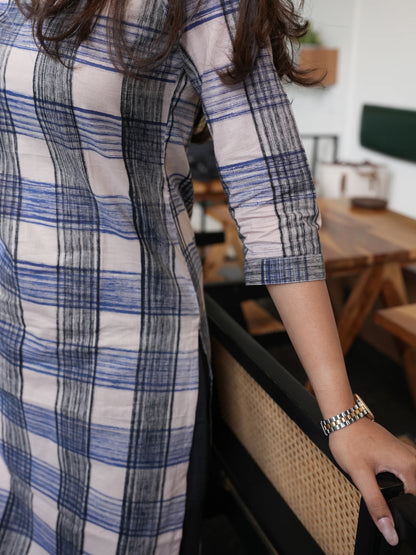Black n Blue Checked Block Printed COTTON Kurta