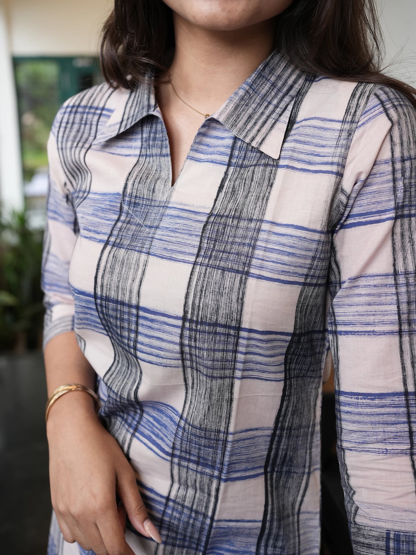 Black n Blue Checked Block Printed COTTON Kurta