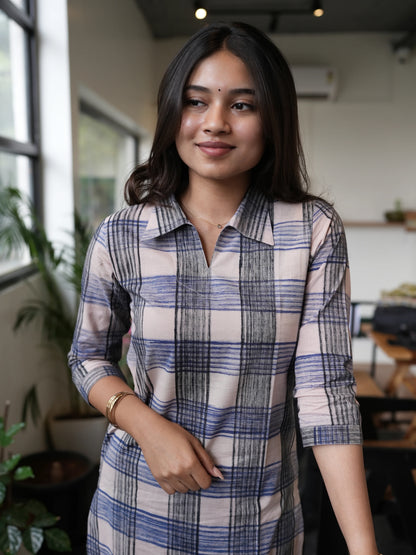 Black n Blue Checked Block Printed COTTON Kurta