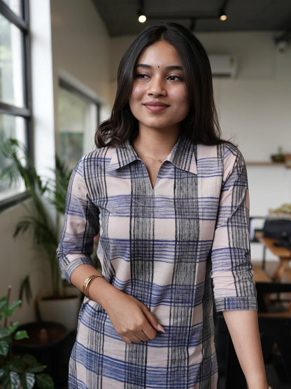 Black n Blue Checked Block Printed COTTON Kurta