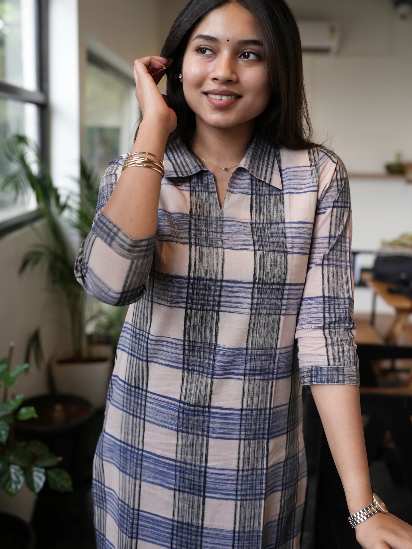 Black n Blue Checked Block Printed COTTON Kurta