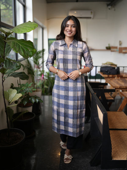 Black n Blue Checked Block Printed COTTON Kurta