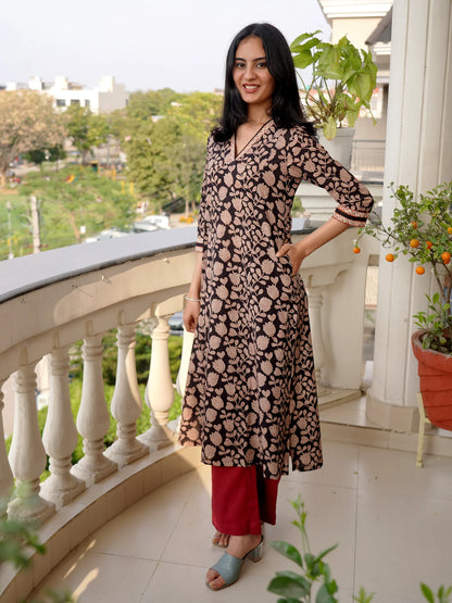 Black Petal Elegance Cotton A-line Kurta