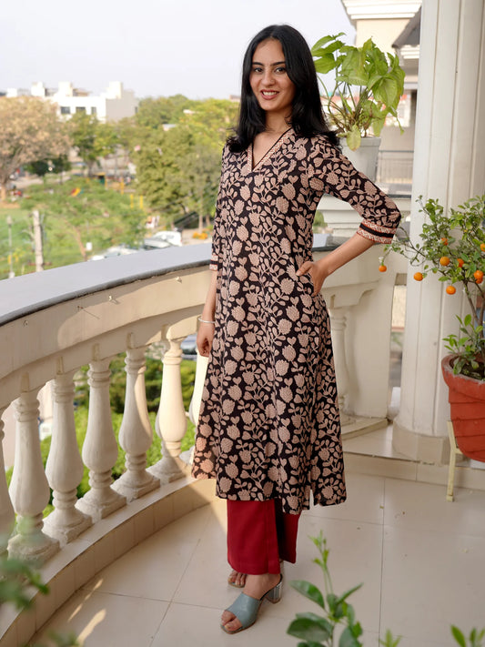 Black Petal Elegance Cotton A-line Kurta