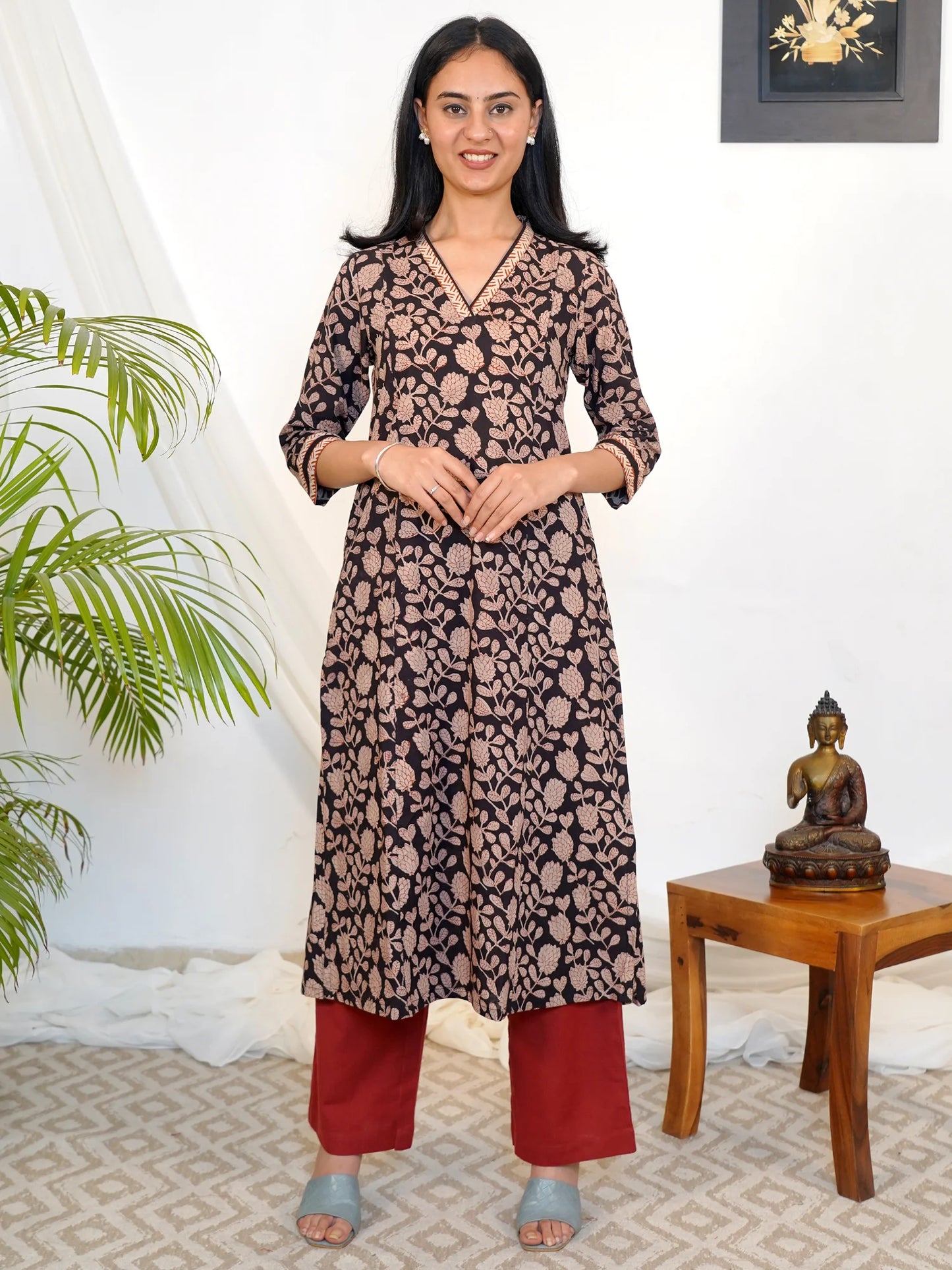 Black Petal Elegance Cotton A-line Kurta