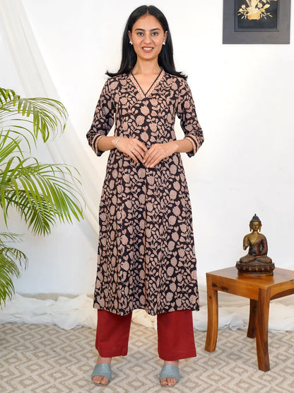 Black Petal Elegance Cotton A-line Kurta