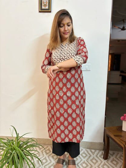 Maroon with Black Sunflower Yoke Kurta