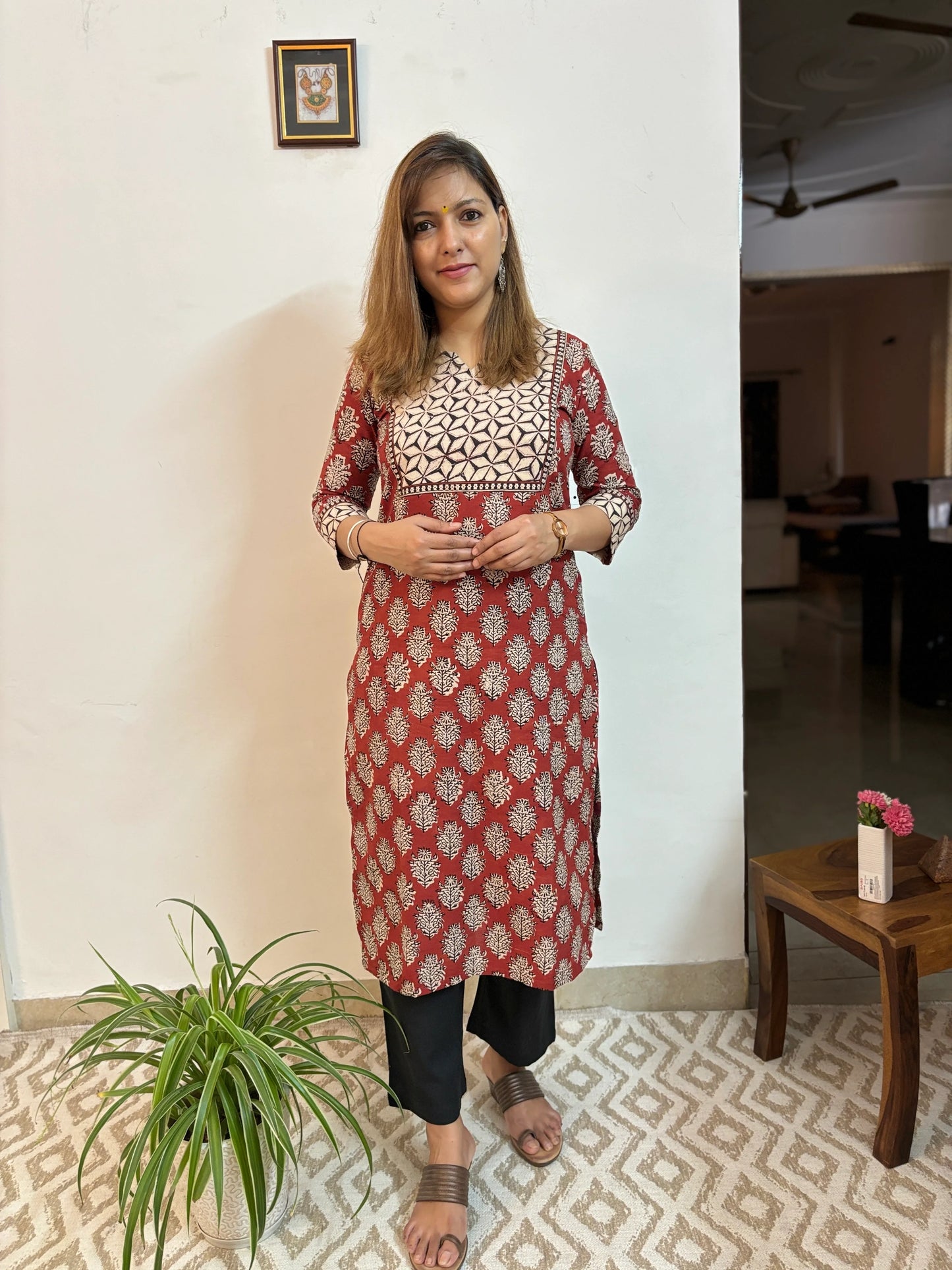 Maroon with Black Sunflower Yoke Kurta