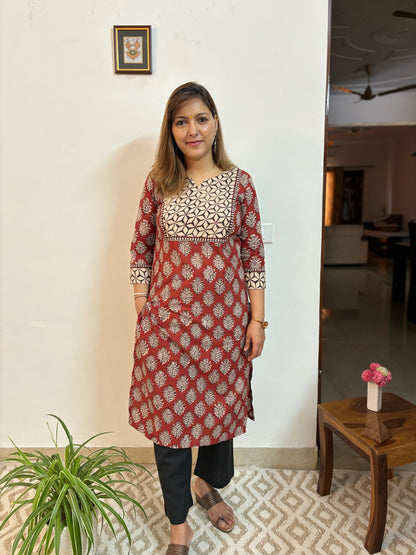 Maroon with Black Sunflower Yoke Kurta