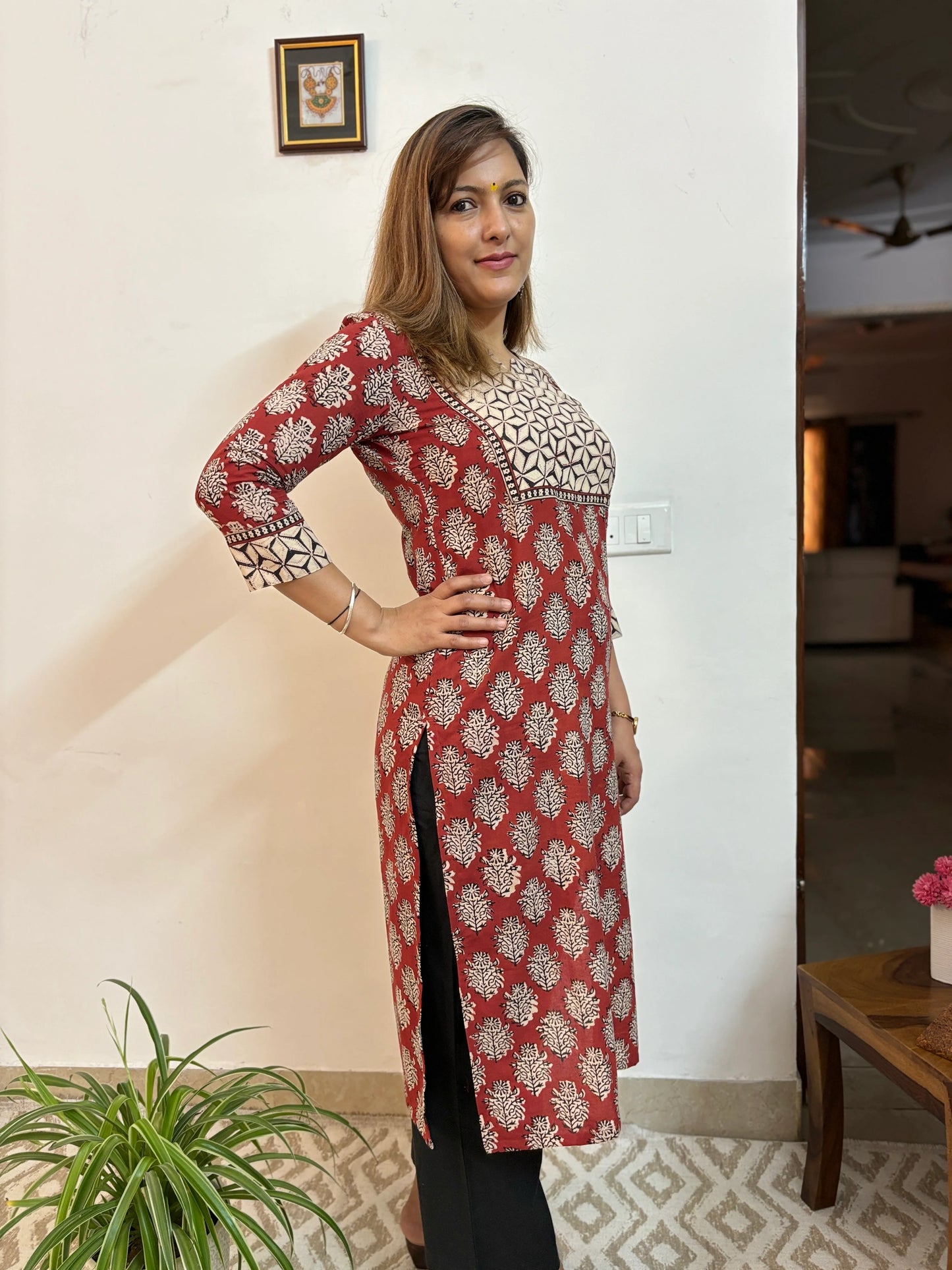 Maroon with Black Sunflower Yoke Kurta