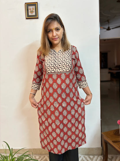 Maroon with Black Sunflower Yoke Kurta