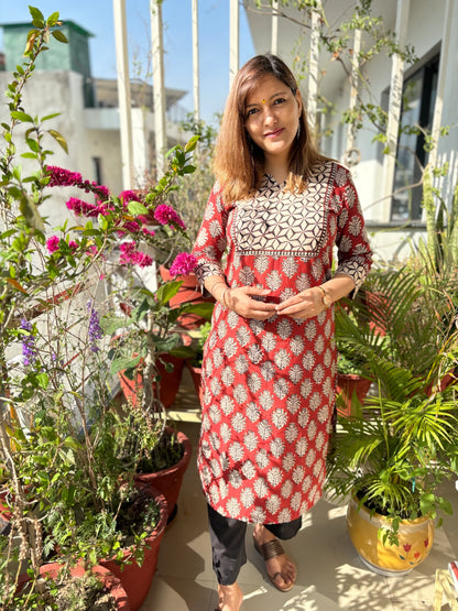 Maroon with Black Sunflower Yoke Kurta